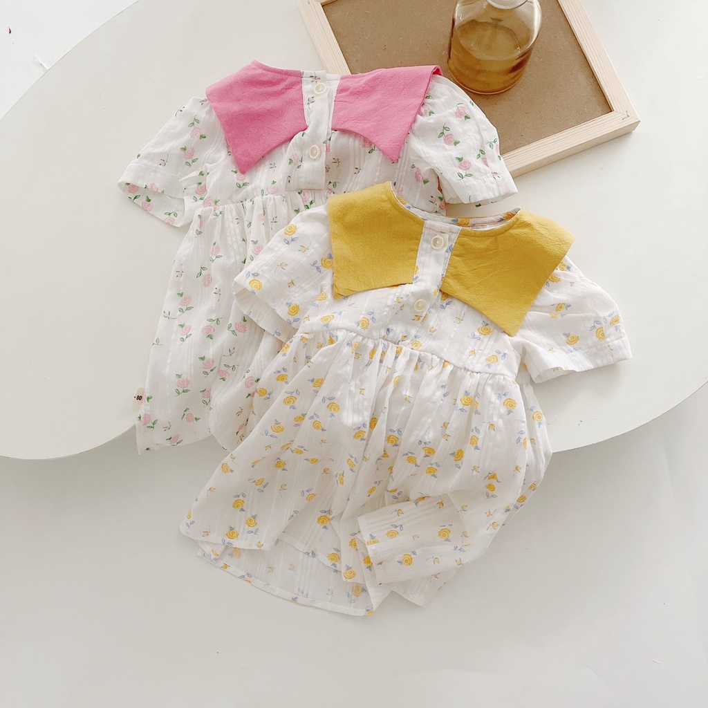 Váy hè cộc tay hoa nhí nền trắng cổ yếm phối màu cho bé 8-21kg (6 tháng-6 tuổi)- Chất thô boi mềm mát