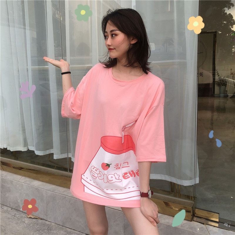 áo thun tay lỡ nam nữ form rộng chất cotton thấm hút mồ hôi in hình chai sữa