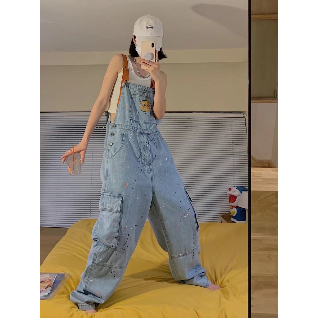 Quần Yếm Họa Tiết Vẩy Sơn Hai Màu Phong Cách Bụi Bặm Đường Phố Năm 2022