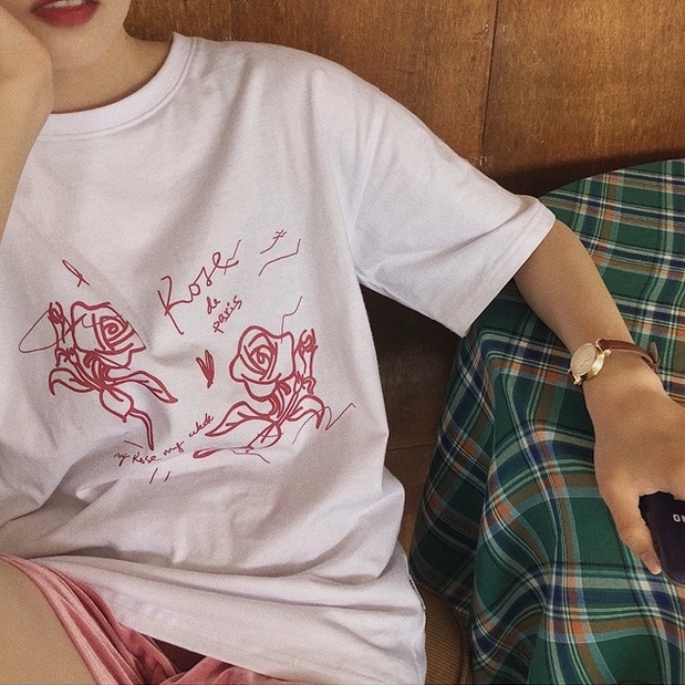 Áo Thun Tay Ngắn Dáng Rộng Hoạ Tiết Hoa Phong Cách Hàn Quốc