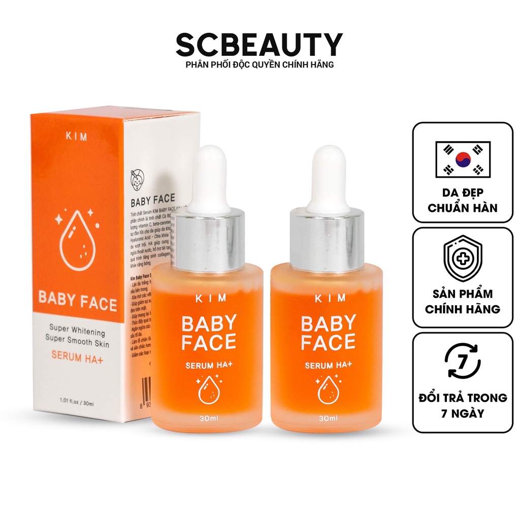 Serum KIM BABY FACE HA dưỡng trắng da mặt, sạch mụn, mờ nám, tàn nhang chiết xuất cà rốt 30ml SC Beauty