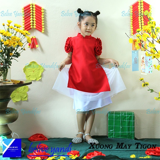 Áo Dài Cách Tân Tay Hoa Điệu Đà Cho Bé Gái Kèm Chân Váy, Mấn, Mặc Tết Cực Dễ Thương (Hình ảnh thật 100%)