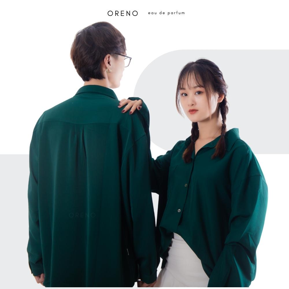 Áo sơ mi nam form rộng Oreno phong cách Unisex thời trang áo sơ mi lụa màu kem nâu xanh lá hot trend