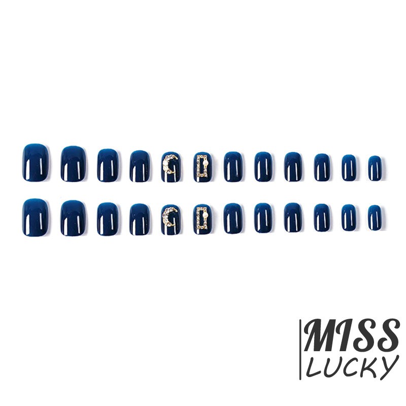 Bộ 24 móng tay giả cỡ ngắn màu xanh dương đính đá sang trọng