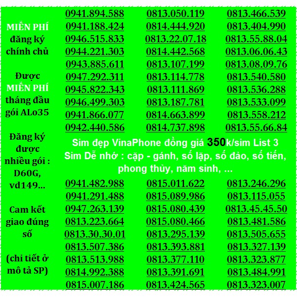 Sim Vina số đẹp 350k List 3 Hỗ Trợ ĐK chính chủ Miễn phí gói ALO35 tháng đầu, ĐK được gói VD149-D60G...(xem chi tiết SP)