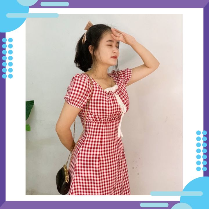 Váy đầm kẻ sọc Caro tiểu thư, bánh bèo phối ren cổ vuông ôm dáng nhíu viền voan ngực