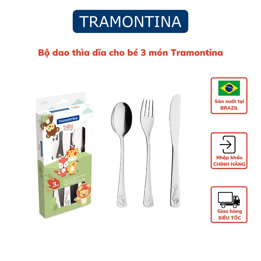 Bộ 3 chiếc dao thìa dĩa cho bé Tramontina thép không gỉ cao cấp hàng chính hãng nhập khẩu Brazil