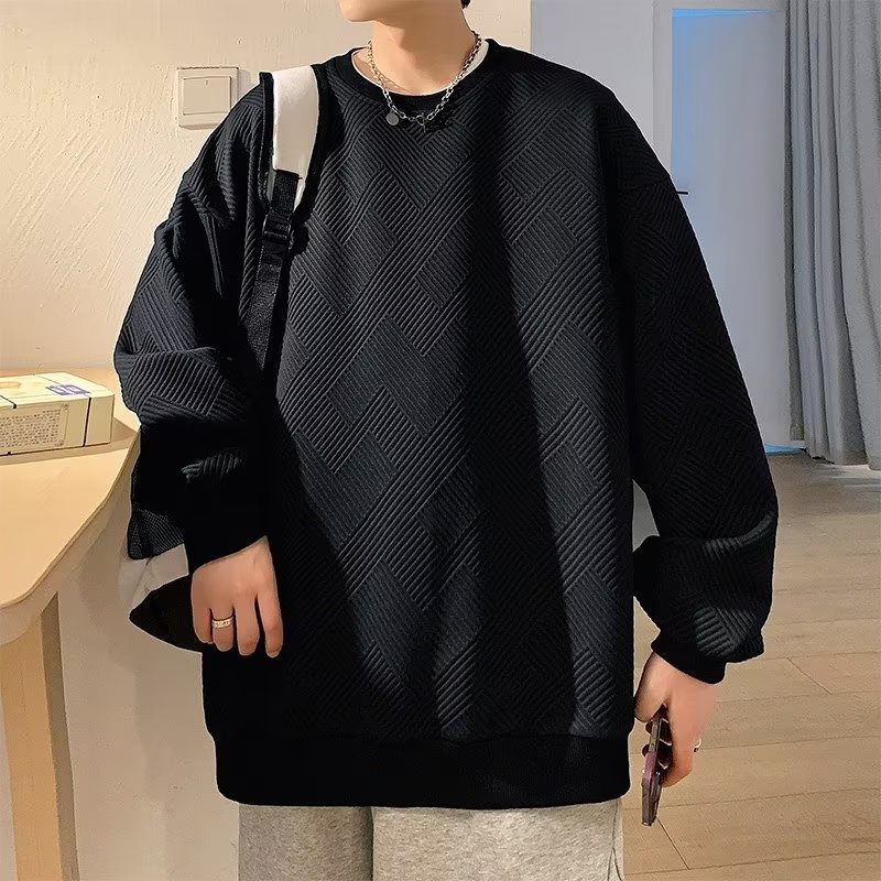 Áo sweater cổ tròn dáng rộng họa tiết nổi phong cách thời trang đường phố Mỹ 2 màu có size lớn m-3xl cho nam