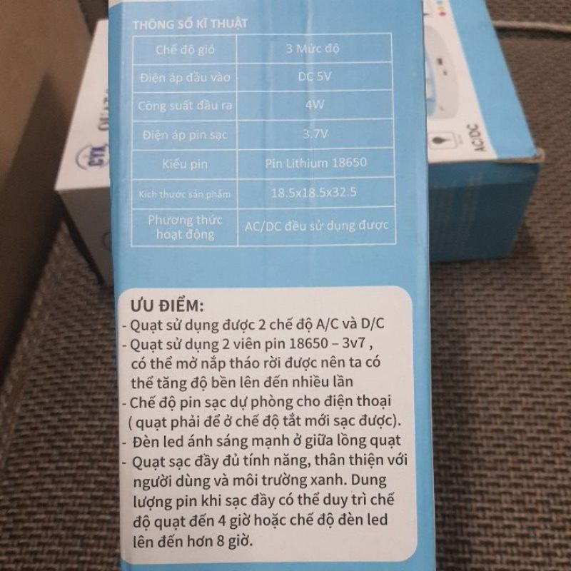 Quạt sạc tích điện 2 pin sạc rời tiện dụng kèm đèn Led và Cổng sạc USB