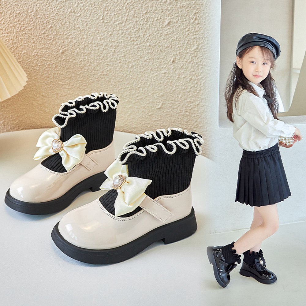 Giày Bốt Cổ Cao Chống Trượt Màu Đen / Be Thời Trang Cho Bé Gái 4-12 Tuổi