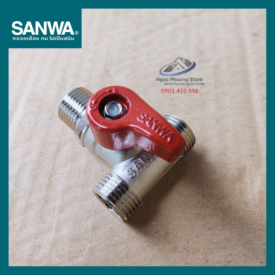 Van khóa, van bi Sanwa Thái Lan chia 3 đường nước, 3 đầu ren ngoài 1/2"  BV15MMM