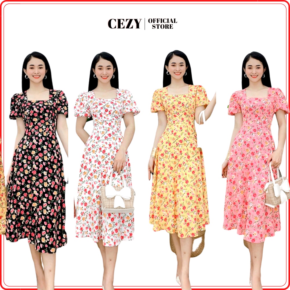 Đầm hoa nhí cổ vuông tay phồng dây thắt nơ eo có size bigsize CEZY D95
