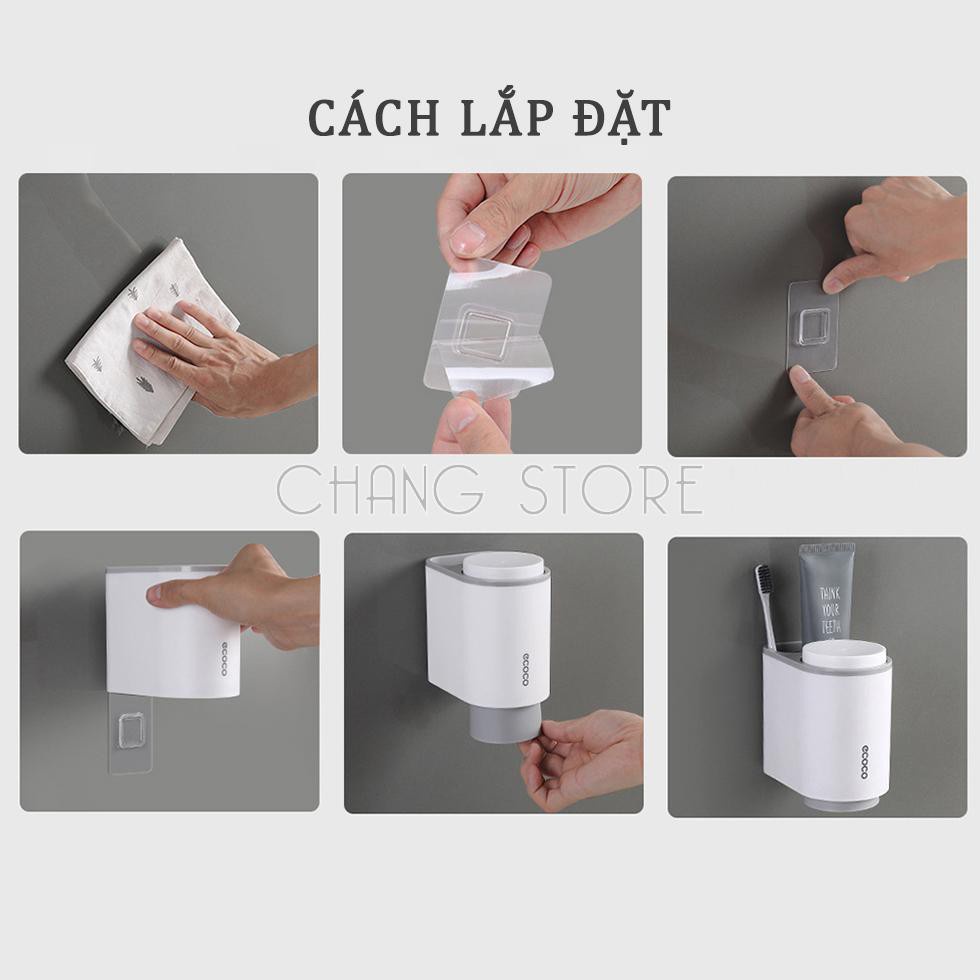 Kệ để Bàn Chải Kem Đánh Răng Mini Ecoco dán cường lực siêu chắc tặng kèm 2 cốc từ tính