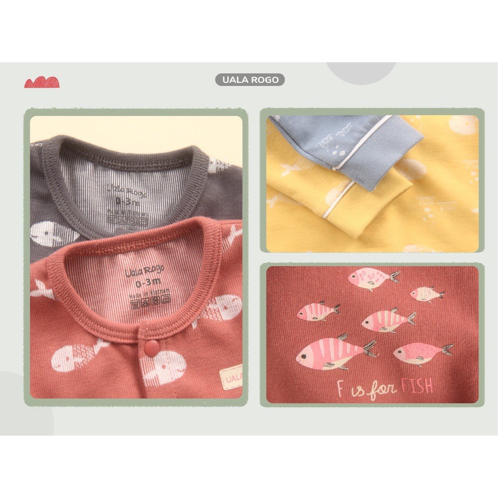 Bộ Uala Rogo cotton cao cấp dài tay cài giữa mềm mịn thấm hút mồ hôi tốt in cá mập cho bé trai bé gái 3932