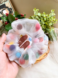 Scrunchies cột tóc vải pompom dễ thương TÍM STORE