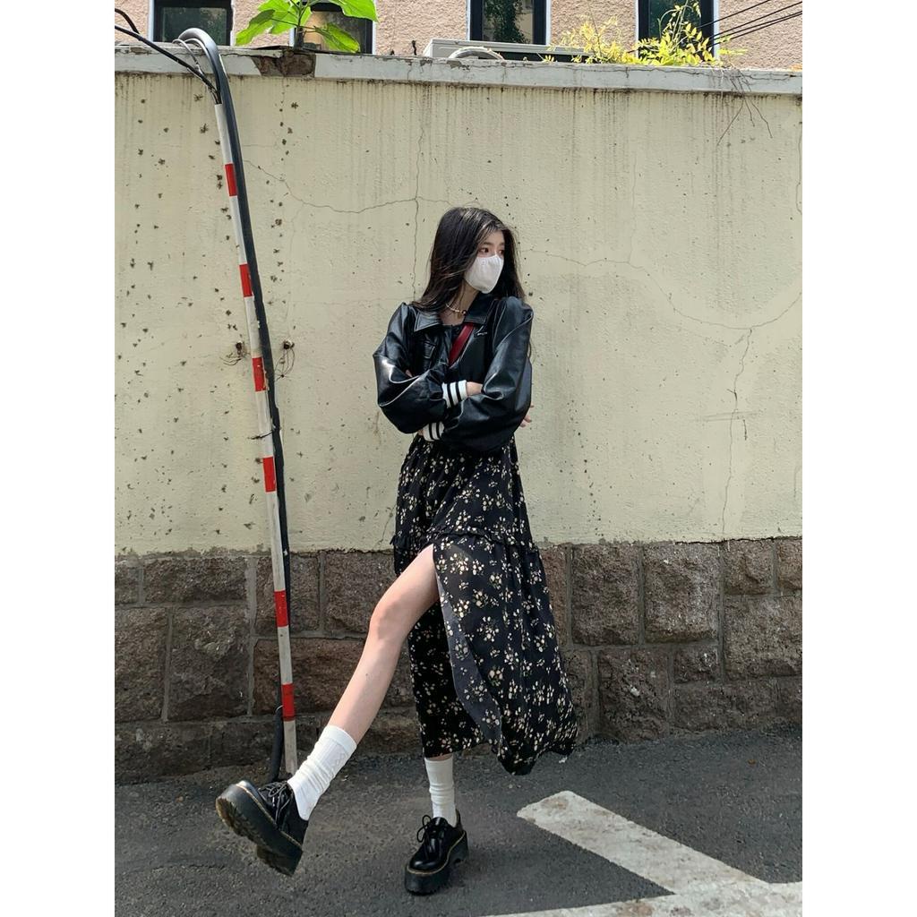 Xiaozhainv Đầm Dài Hai Dây Xẻ Tà Họa Tiết Hoa Nhẹ Nhàng Kiểu Pháp Cho Nữ