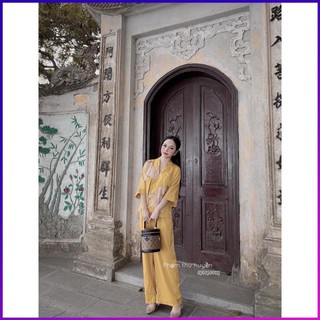 Bộ lụa đi chùa đắp hoa nổi cao cấp