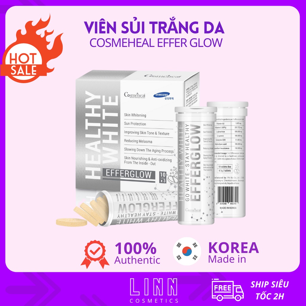 Viên sủi trắng da Cosmeheal Heathy White Efferglow, Hộp 30 Viên