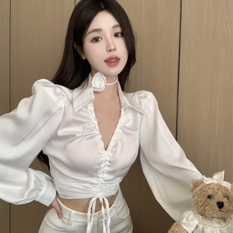 Áo Sơ Mi Chiffon Tay Dài Cổ V Phối Dây Rút Thời Trang Dành Cho Nữ