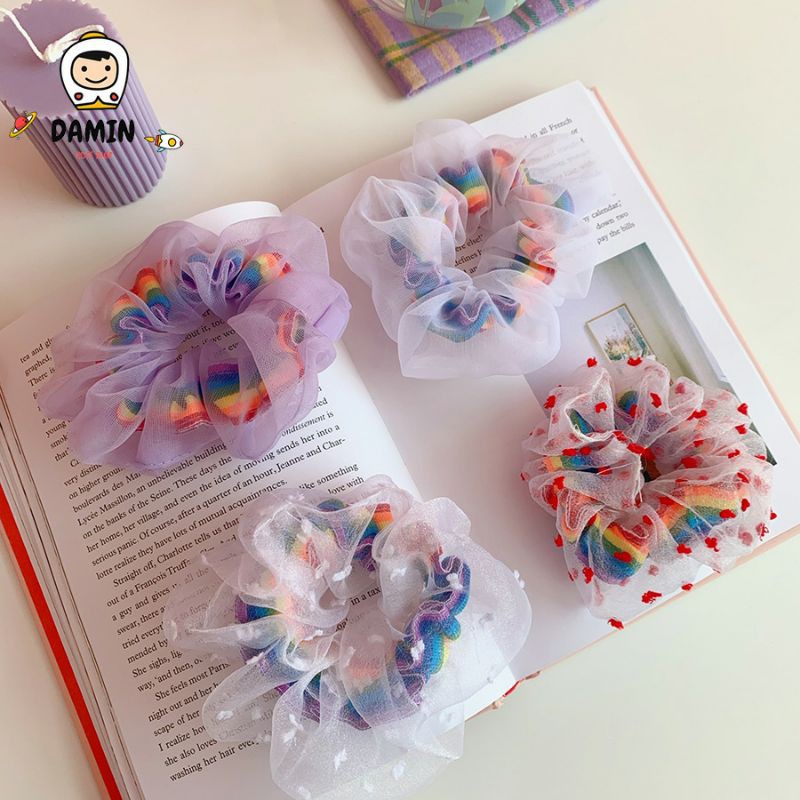 Buộc Tóc Cột Tóc Scrunchies Cầu Vòng 2 Lớp Siêu Dễ Thương