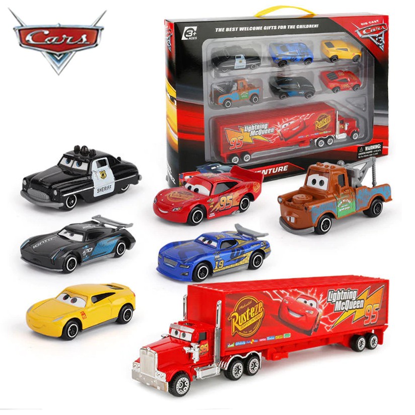 Bộ xe mô hình ô tô mini die cast bằng hợp kim Lightning MC Queen car 3 gồm 6 xe nhỏ và 1 xe tải