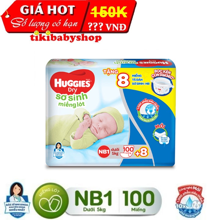MIẾNG LÓT SƠ SINH HUGGIES NEWBORN 1 - 100 MIẾNG - TẶNG 8 MIẾNG TÃ DÁN NEWBORN
