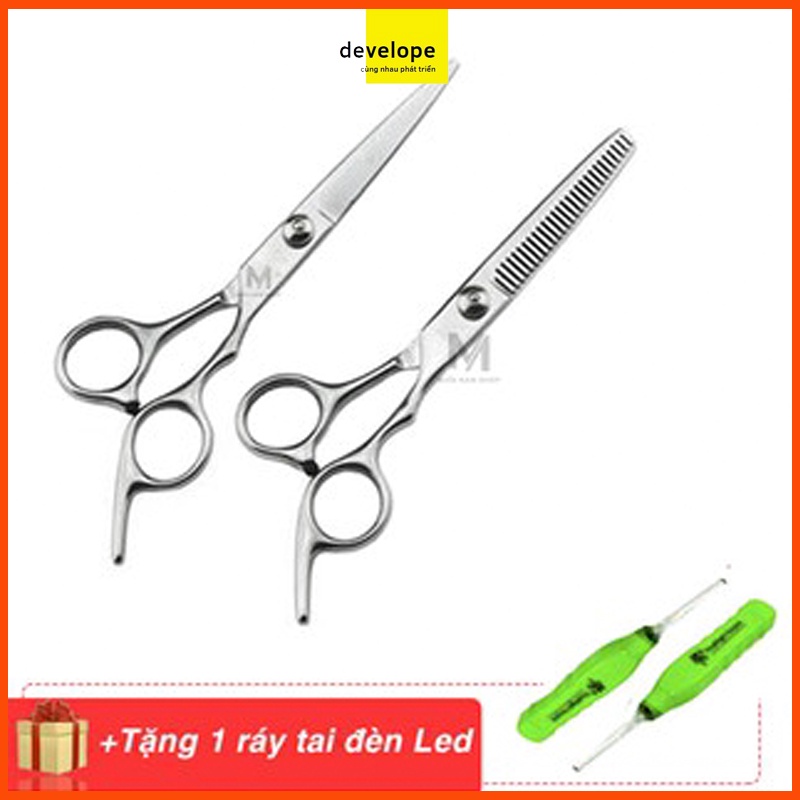 Bộ kéo cắt và tỉa tóc (Trắng) + 02 Dụng cụ ráy tai có đèn led