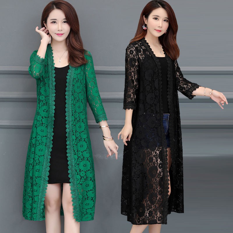 Áo khoác cardigan dài qua gối phối ren lưới thời trang mùa hè