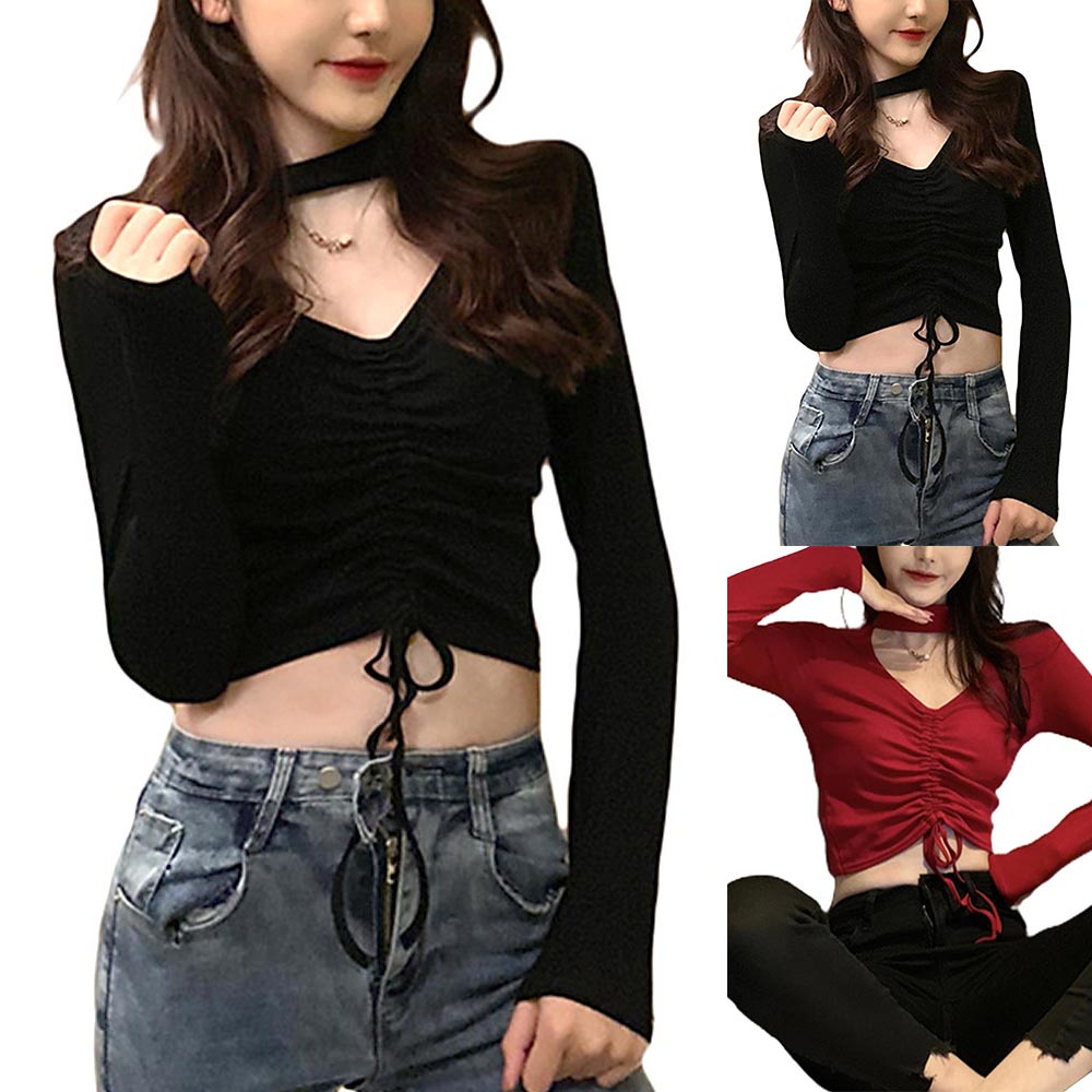 Áo nữ tay dài vải cotton mềm mại phối dây rút phong cách Hàn Quốc gợi cảm