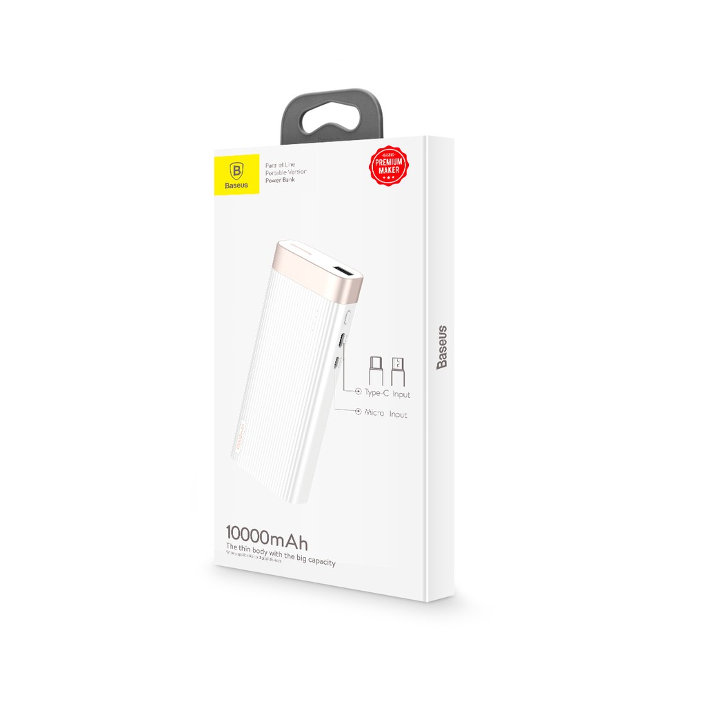 Pin sạc dự phòng 10.000mAh Baseus Parallel Line, hỗ trợ sạc nhanh 2.1A, 2 input (Micro USB + Type-C), LED báo pin