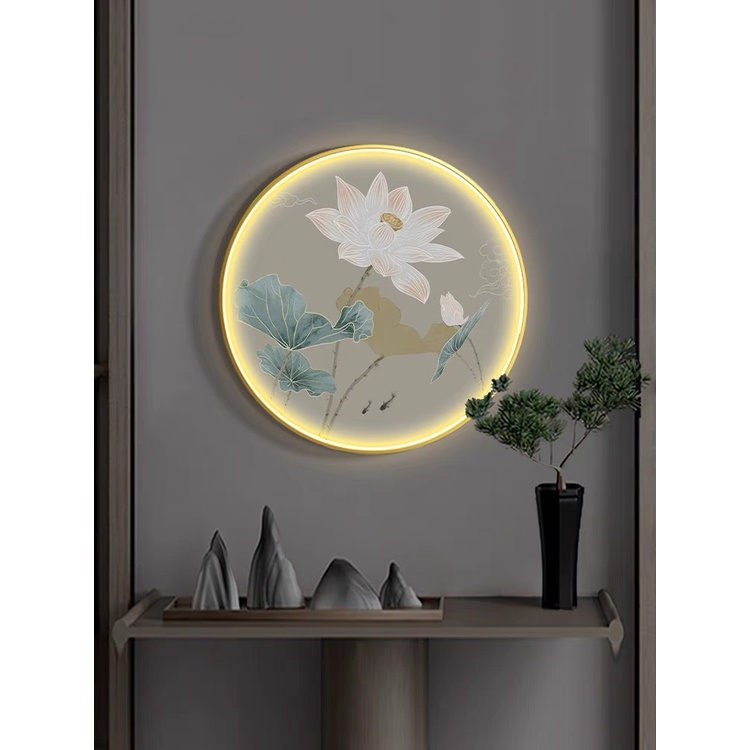 Tranh treo tường Hoa Sen, Cửu Ngư, Chiều Tà - Khung tranh kim loại cao cấp có đèn LED 50cm điều khiển bật tắt