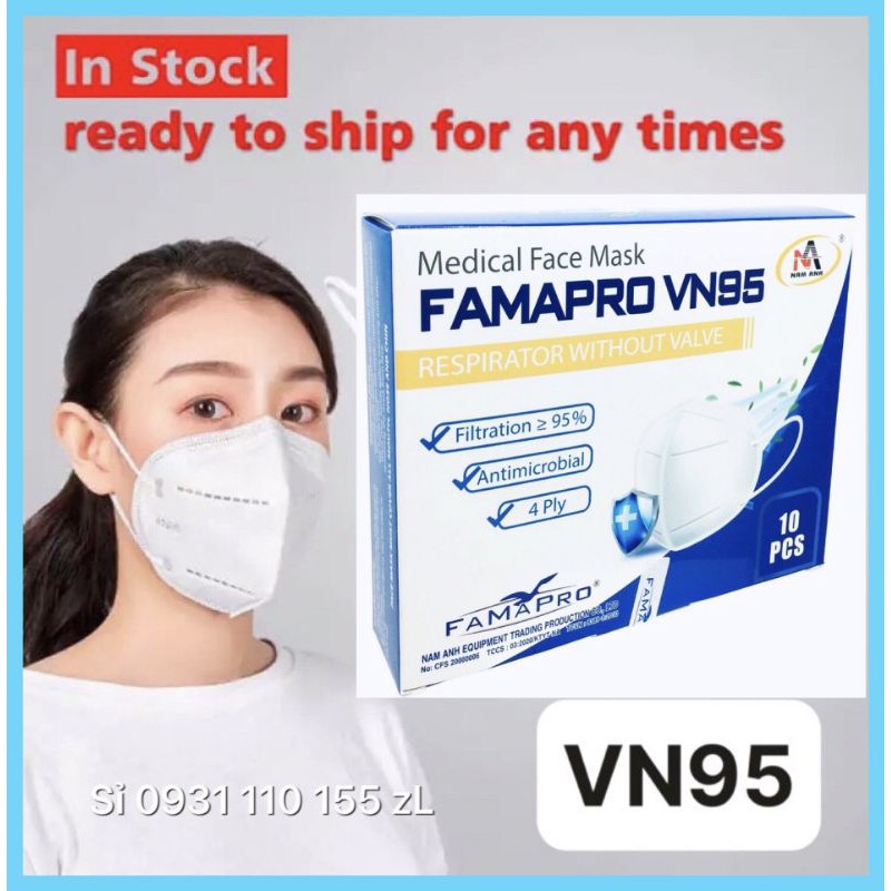 Hộp 10 cái khẩu trang VN95, N95, KN95 cao cấp 4 lớp kk Famapro Nam Anh