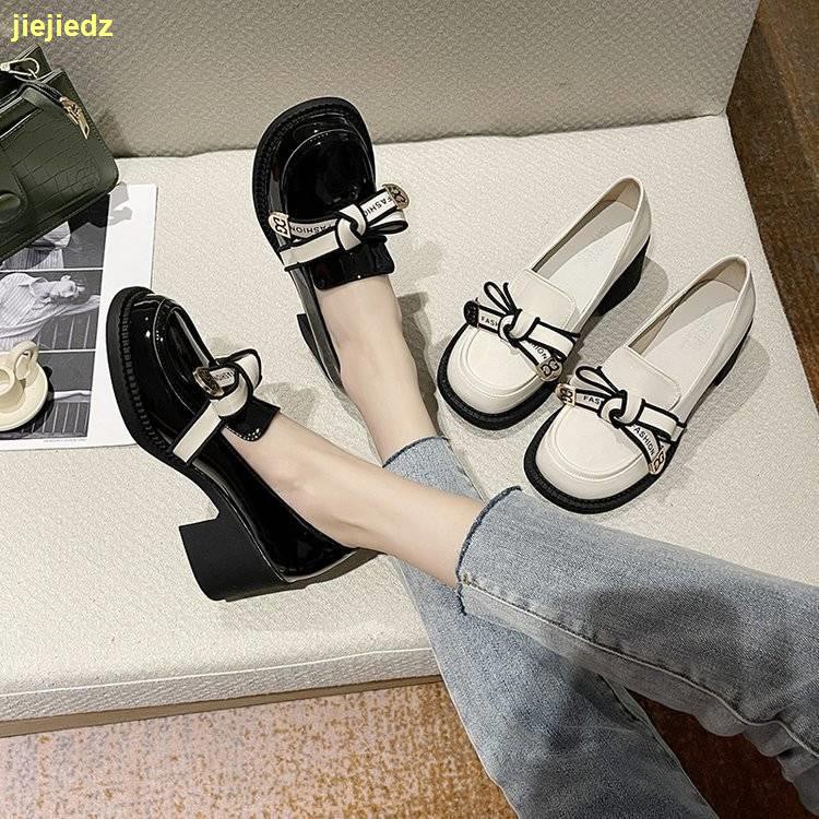 Giày cao gót da mũi tròn phong cách Anh Quốc thời trang xuân thu cho nữ s 2021