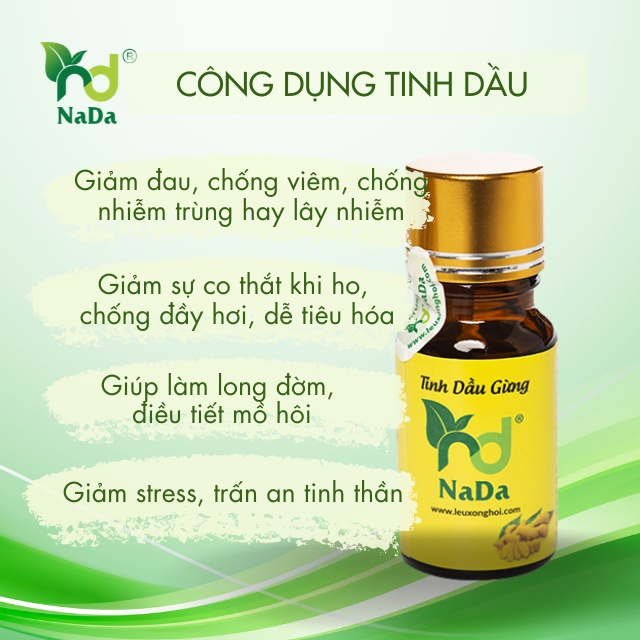 Tinh dầu Gừng nguyên chất Nada | Kiểm định QT3 | Làm ấm, giảm ho, thanh trùng