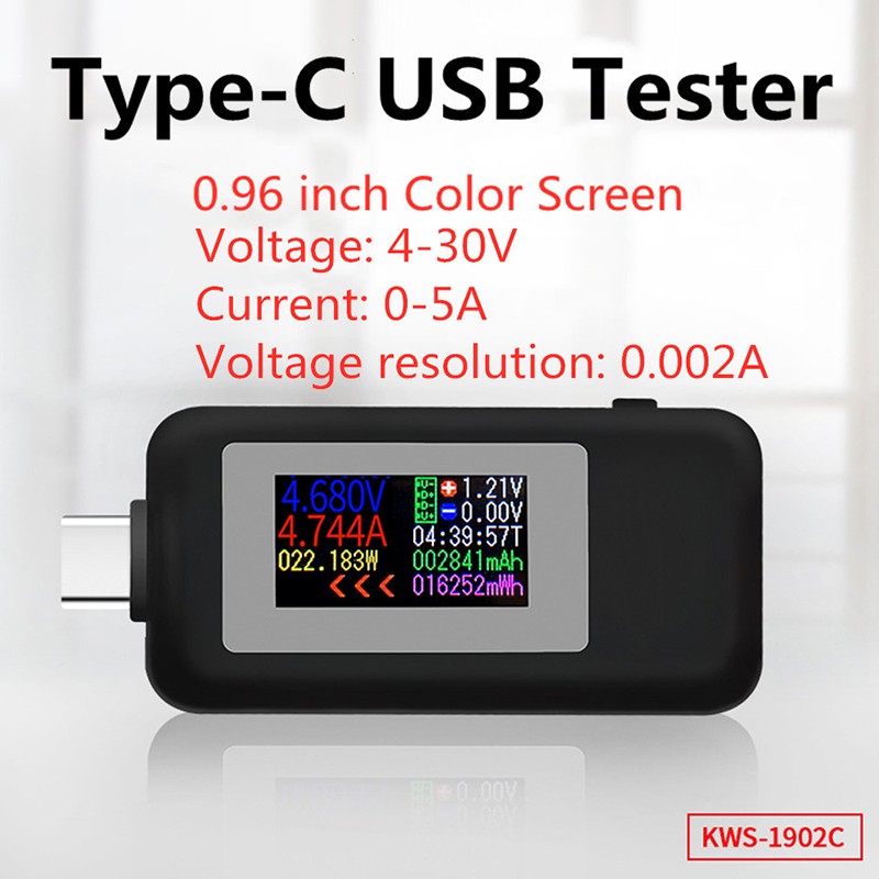Màn hình màu 10 trong 1 Bộ kiểm tra DC Type-C 0-5A Bộ sạc USB điện áp 4-30V hiện tại Bộ đo năng lượng Máy dò pin di động