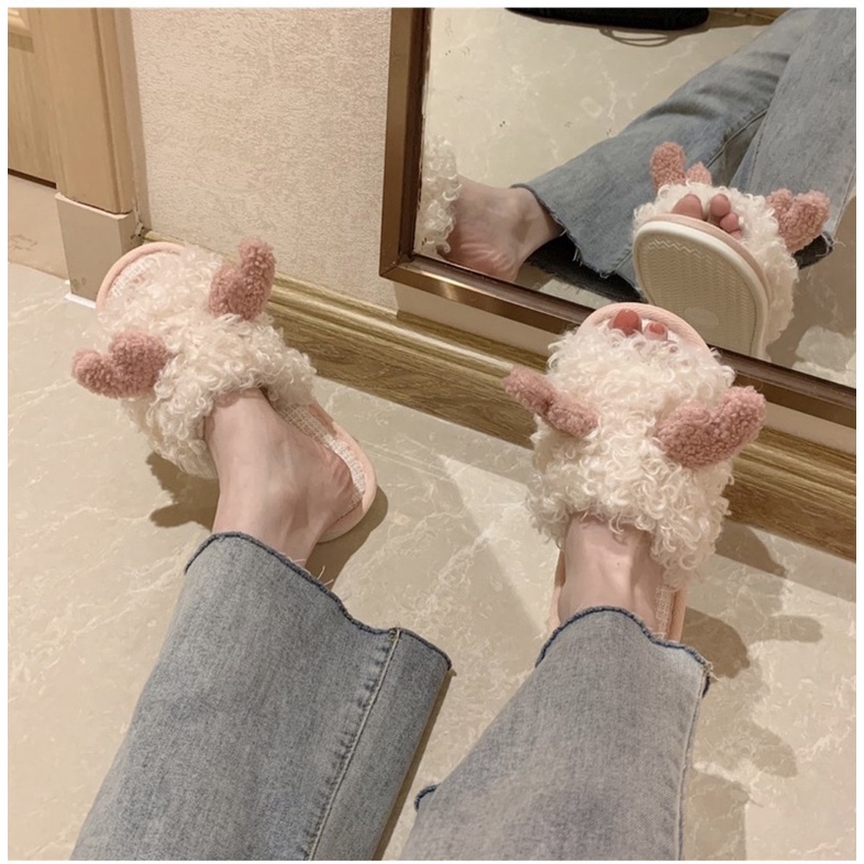[08CAM] Dép bông nỉ lông xù có sừng cute hàng sẵn