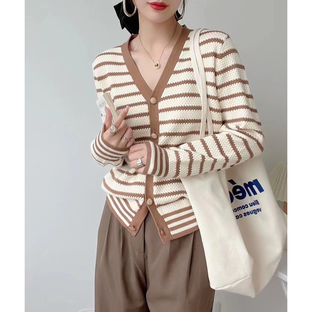 Áo cardigan dệt kim ZHELIHANGFEI tay dài dáng ôm kẻ sọc trẻ trung thời trang