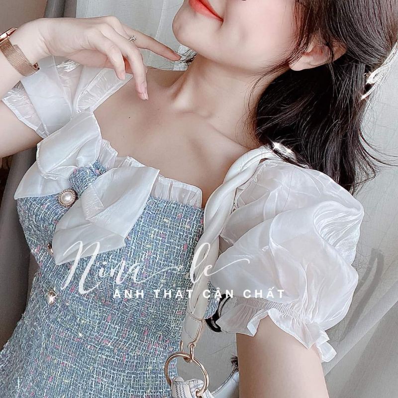Váy dạ tweed xanh dương phối voan nơ cổ