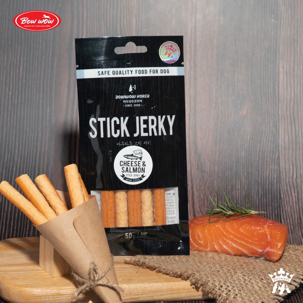 BOWWOW CHEESE &amp; SALMON Stick Jerky 50g - Phô Mai &amp; cá hồi que cho chó 50g