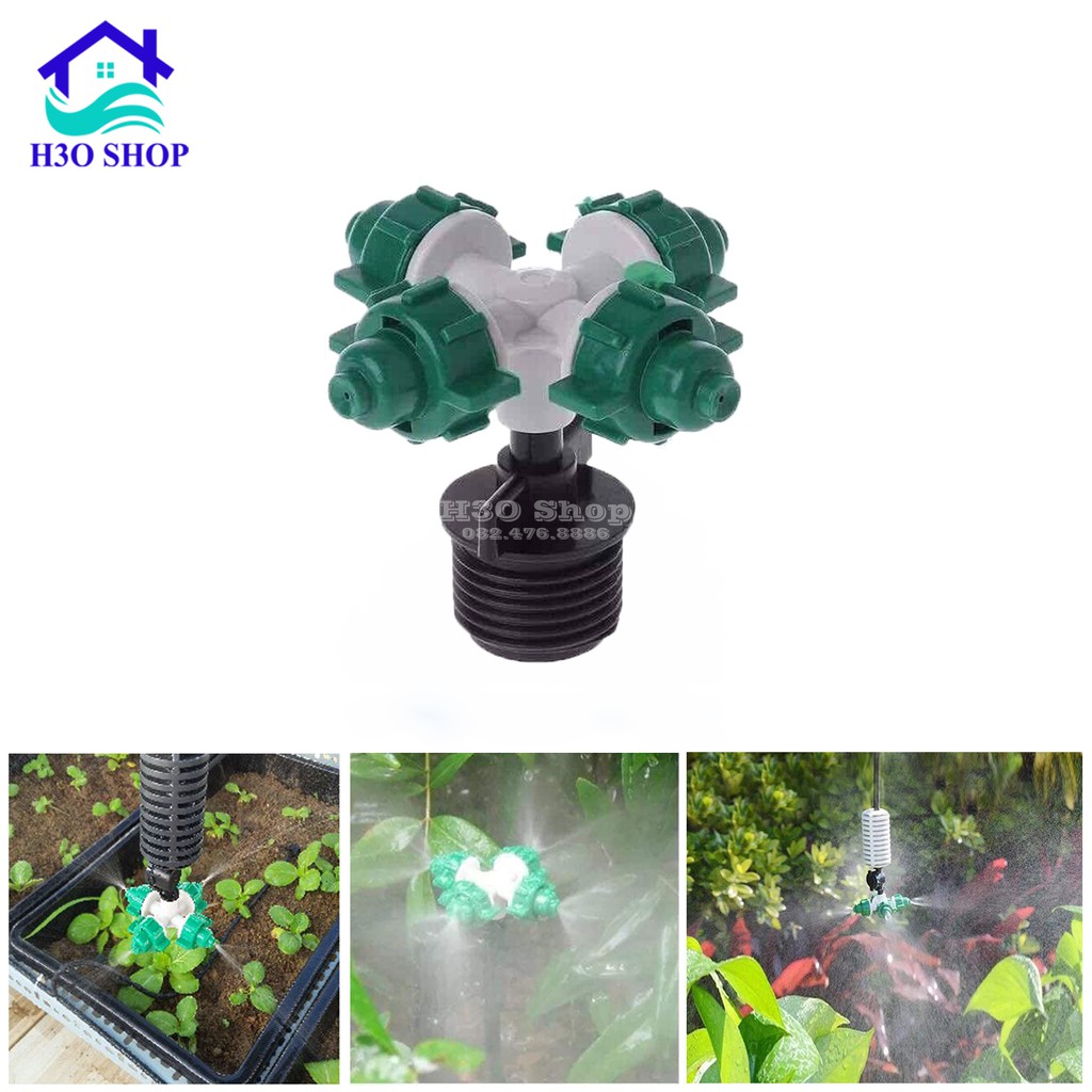 Béc Phun Sương 4 Hướng Xanh Kèm Chân Ren 21mm, Tưới Cây, Tưới Lan, Làm Mát