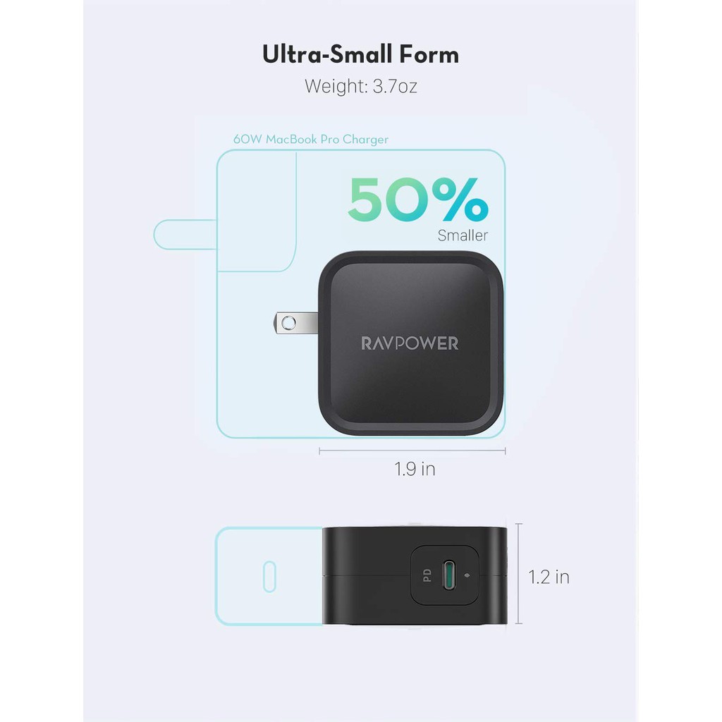 Sạc RAVPower Type C - 61w - GaN (RP-PC112)