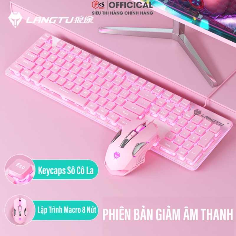 Combo Bàn Phím Chuột Màu Hồng Giả Cơ Có Dây LANGTU L1-G502 LED Xuyên Chữ Mặt Mika Dán Hợp Kim Nhôm Cao Cấp Giảm Âm Thanh