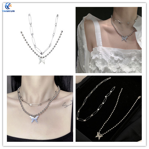 1PCS Fashion Punk Women Girl Double Layer Detachable Pin Butterfly Pendant Chain Necklace Clavicle Chain Choker