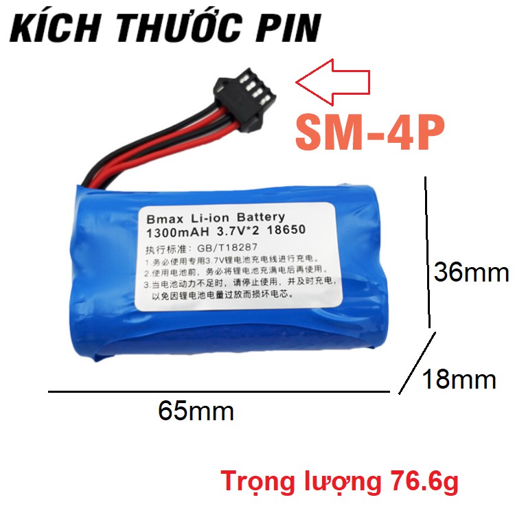 Pin sạc 18650 7.4v dung lượng 1300mah cổng nối SM-4P dùng cho xe mô hình điều khiển từ xa