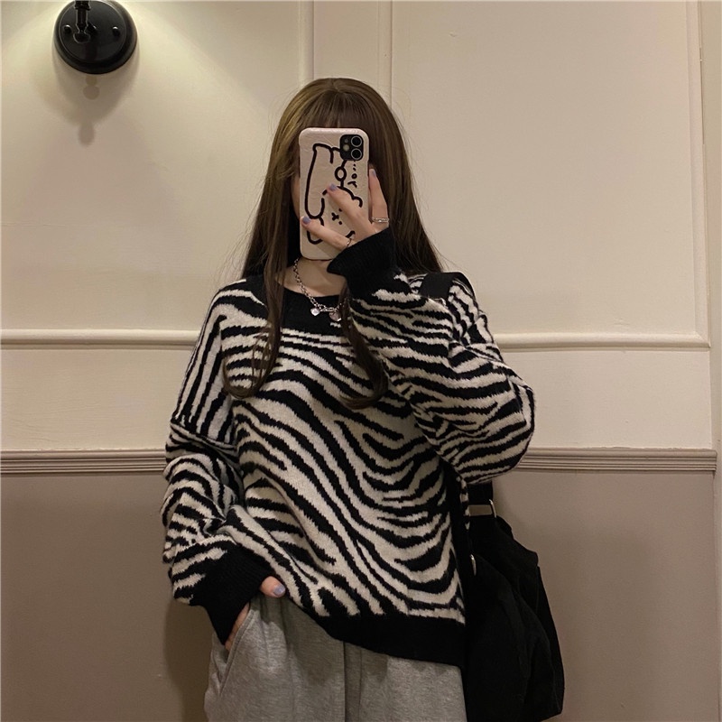 Áo Sweater Nữ Dáng Rộng In Họa Tiết Ngựa Vằn Thời Trang Mùa Thu Hàn Quốc Mới