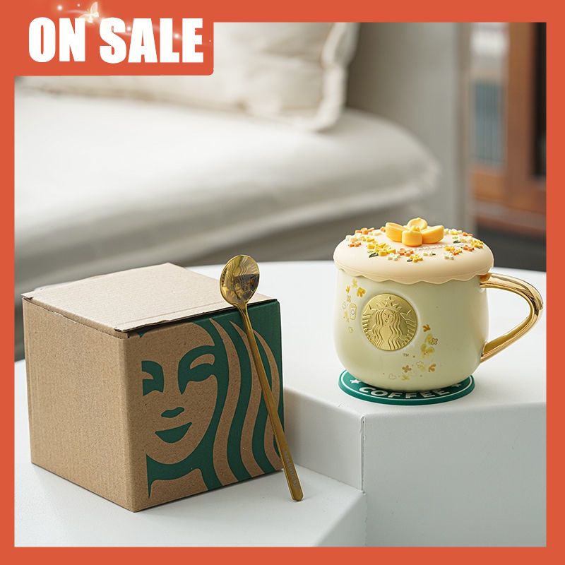 Cốc uống cà phê bằng gốm hình biểu tượng Starbucks màu vàng kim dễ thương