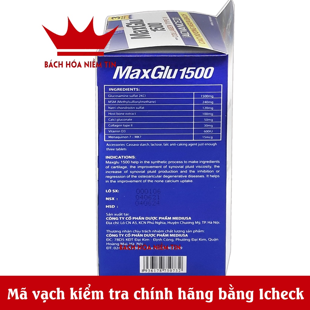 Viên uống giảm đau khớp MaxGlu 1500 - thành phần Glucosamin kết hợp thảo dược tác dụng lâu dài an toàn khi sử dụng