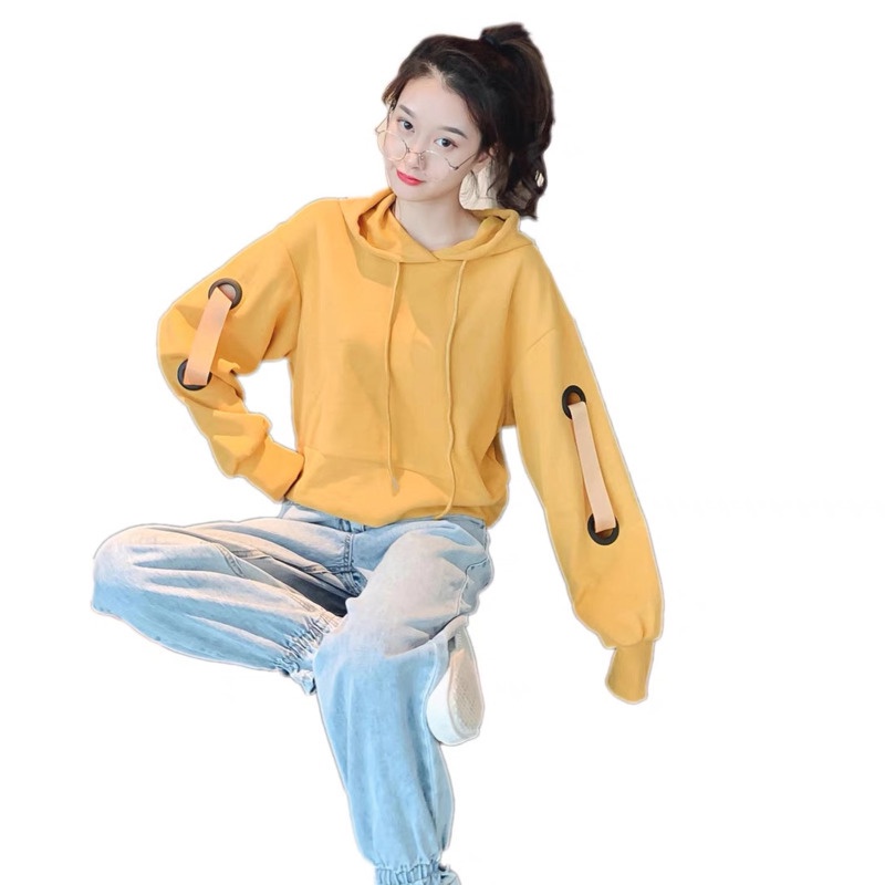 Áo Hoodie Dài Tay Màu Trơn Phong Cách Hàn Quốc Cho Nữ