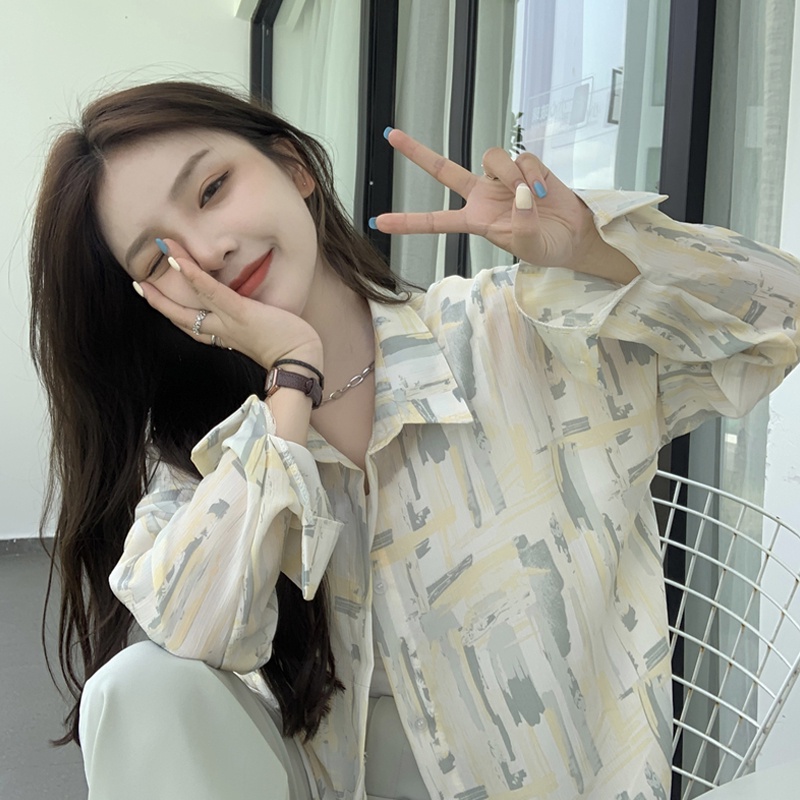 Áo Khoác Sơ Mi Chiffon Tay Dài Chống Nắng Màu Nhuộm Cá Tính