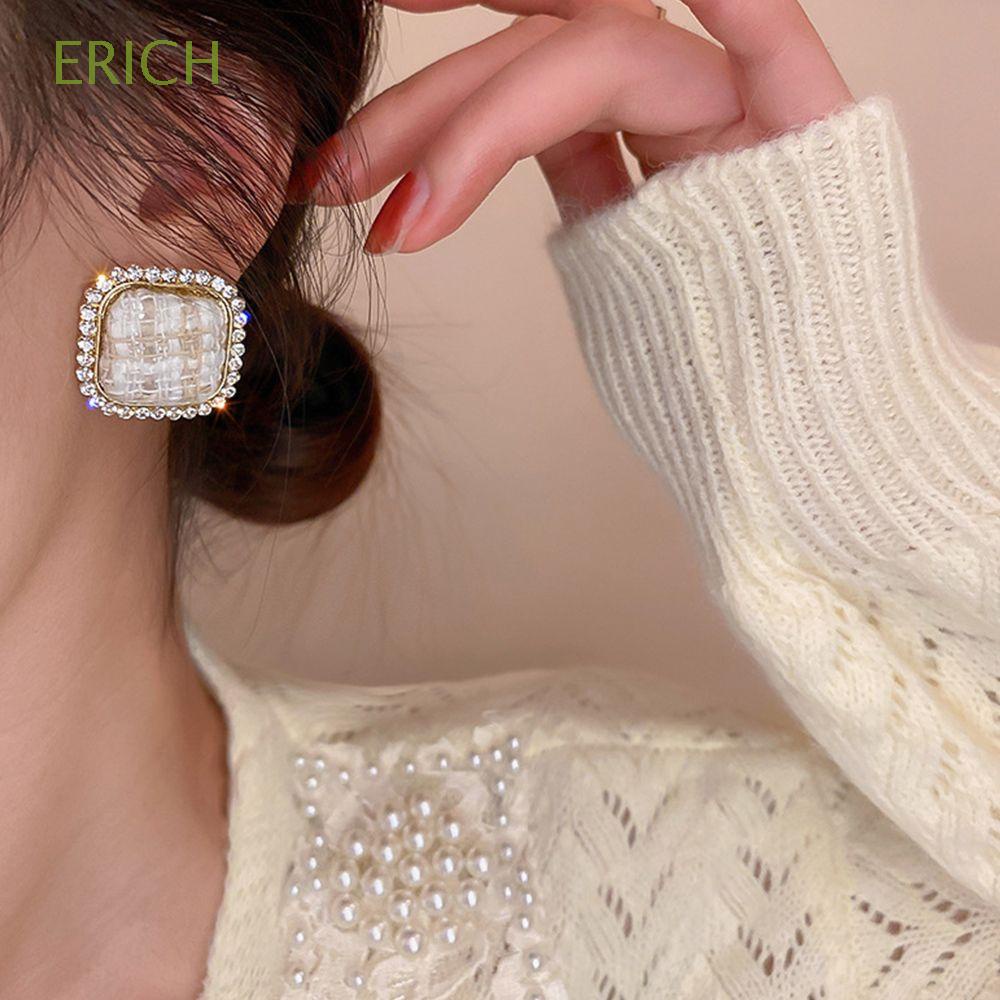 ERICH Bông tai hình vuông đính đá kim cương nhiều màu sắc phong cách Hàn Quốc sang trọng thời trang thu đông cho nữ